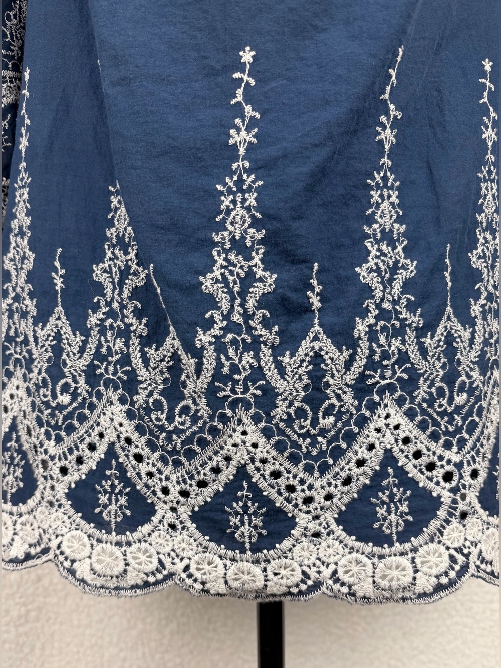 Navy Blue/White Embroidered Boho Smocked-Neck Peasant Blouse, M - Picture 3 of 10
